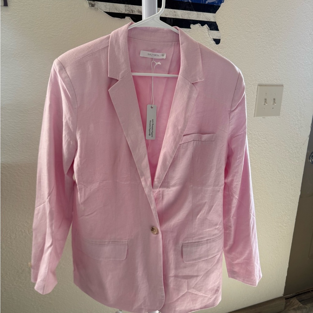 Six/Fifty Lined Pink Blazer Relaxed Fit Notched Lapels